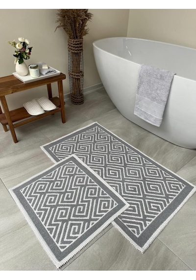 Labirent Doğal Pamuklu 2'li Banyo Paspas Seti 60x100+50x60 Cm - Gri çok renkli