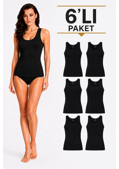 Hepsine Rakip Kadın Likralı Geniş Askılı Pamuklu Atlet 6 Lı Paket Siyah