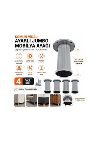 4 Adet Somun Vidalı Ayarlı Jumbo Mobilya Ayağı 10 12 Cm Dayanıklı Mobilya Destek Ayağı Gri Renk