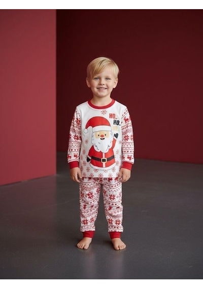 Zekids Çocuk Pamuklu Yılbaşı Temalı Noel Baba Baskılı Pijama Takımı-16589 Renklı