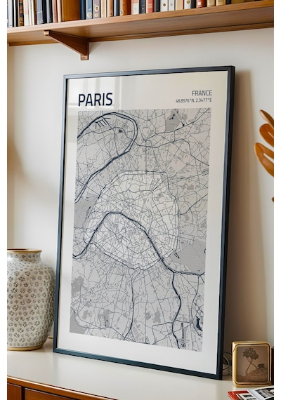 Paris Fransa France Haritası Çerçeveli Tablo Lüks Salon Ofis Duvar Dekorasyonu Hediyelik Tablo Siyah