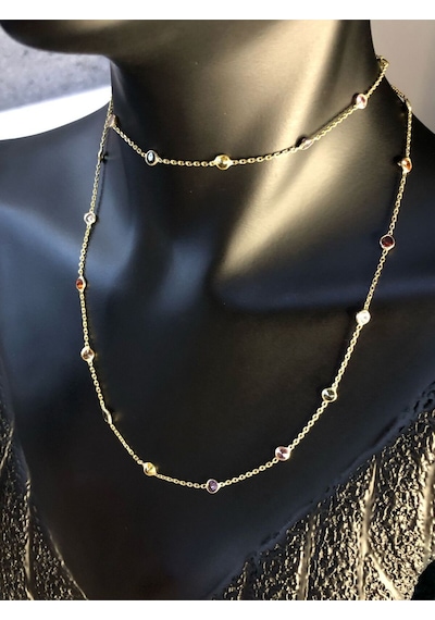 Vog Mix Renkli Zirconia Taşlı Uzun Boy 70 Cm Gold Renk 925 Ayar Gümüş Kolye