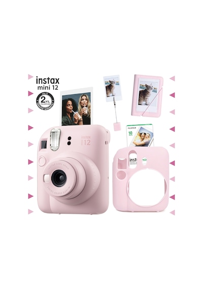 Fujifilm Instax Mini 12 Fotoğraf Makinesi + 10'lu Film + Kıskaçlı Stand + Mini Albüm + Silikon Kılıf Seti Pembe
