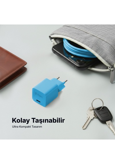 Ttec Smartcharger Gan 20w Pd Seyahat Hızlı Şarj Aleti + Usb-c - Lightning 120cm Kablo Neon Mavi