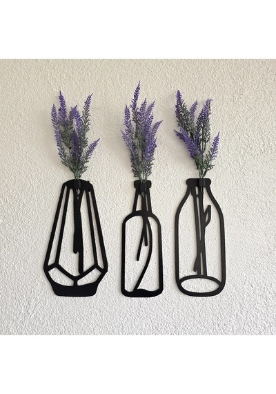 Lavanta Çiçekli Dekoratif Tablo 3 Lü Set - Siyah