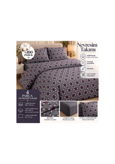 Slc Home Ranforce Gri Şık Tasarım Çift Kişilik Nevresim Takımı %100 Pamuk 4 Parça Çok Renkli - 938513482 Çok Renkli