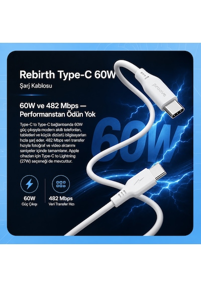 Proove Rebirth Type-c To Type-c 60w Hızlı Şarj Ve Veri Kablosu 1m Telefon Ve Tablet Uyumlu