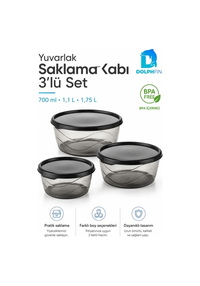 3 Lü Yuvarlak Saklama Kabı Seti 700 Ml 1,1 L 1,75 L Füme Şeffaf Bpa İçermez Siyah