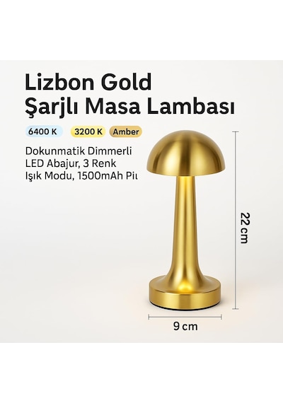 Elektrikurunleri Dekoratif Masa Lambası Dimmerli Şarjlı Lizbon Gold Cafe Restoran Masa Lambası Diğer