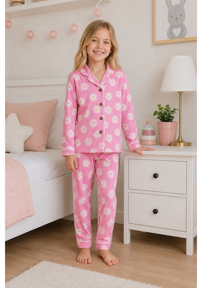 Beniizle Kız Çocuk Pijama Takımı Papatya Desenli Pembe Uzun Kollu Düğmeli 2 Li Pijama Takımı Beniizle Kız Çocuk Pijama Takımı Papatya Desenli Pembe Uzun Kollu Düğmeli 2 Li Pijama Takımı