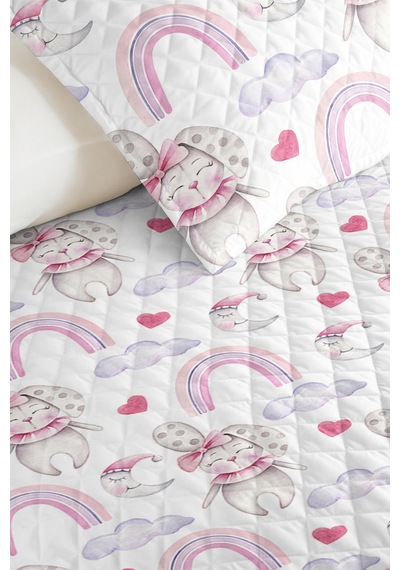 Evimde Bambaşka Pembe Gökkuşağı Tavşan Kız Çocuk Pike Takımı-lila Bulut Kalp Bebek Odası Yatak Örtüsü-160x220  CM