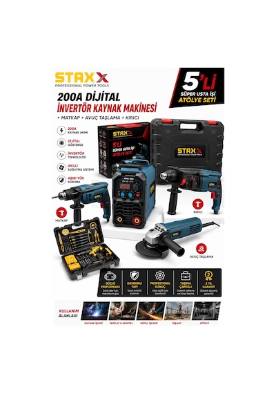 Staxx Atl5set 5'li Atölye Paketi Kaynak Makinesi Kırıcı Avuç Taşlama Darbeli Matkap Akülü Matkap