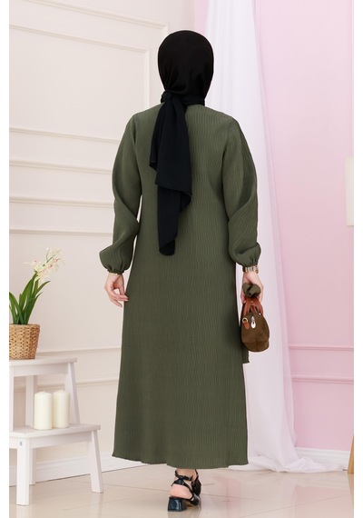 Sevitli Beli Kuşaklı Luna Tesettür Elbise-haki-4891 Haki
