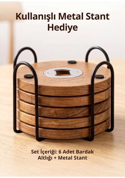 Ahşap Bardak Altlığı 6'lı Set Ahşap Şişe Açacaklı Stantlı Bardak Altlığı Sunum Seti Bardakaltligi, One Size