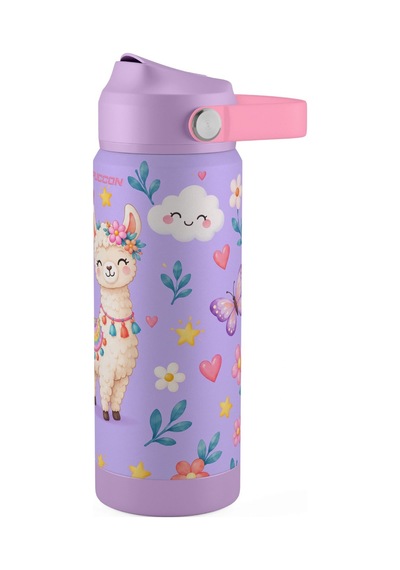 Puccon 540 Ml Sevimli Lama Baskılı Lila - Beyaz Kız Çocuk Pipetli Çelik Termos Matara/suluk - 60047