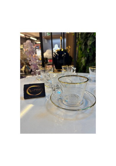 Ars Gold Altın Yaldızlı Tasarım Kahve Fincanı 6 Kişilik 12 Parça Kulplu Cam Çay Fincanı Takımı, Set