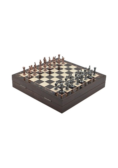 Orta Boy Metal Roma Satranç Takımı Antik Ve Ceviz Desenli Sandıklı Mdf Tahtası 36x36x6 Cm.