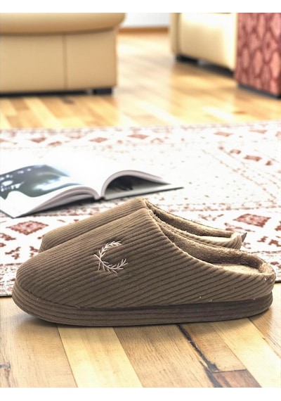 Erkek Ev Terliği Ses Yapmayan Yumuşak Rahat Taban İçi Yünlü Terlik Kahverengi