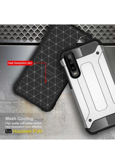 Noktaks - Huawei Uyumlu Huawei P30 - Kılıf Çift Katman Zırh Tank Crash Military Kapak - Gri