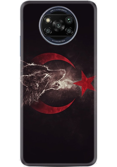 Xiaomi Poco X3 Kılıf Resimli Desenli Baskılı Silikon Kurt ve Ay Yıldız 1403