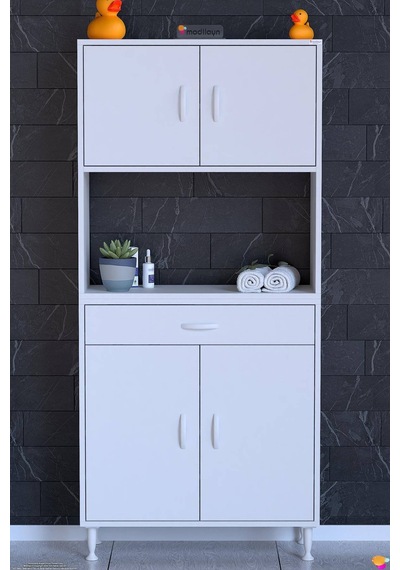 Arda 75 Cm 4 Kapaklı 7 Raflı Ve Çekmeceli Çok Amaçlı Banyo Dolabı 75 Cm