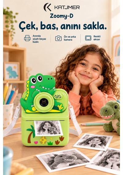 Kj/zm-002 Zoomy-d Dinozor Figürlü Anında Baskılı Çocuk Fotoğraf Makinesi, Çift Kamera, 2,4 İnç Ekran, 1080p Video, 3+ Yaş Yeşil