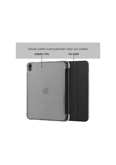 Apple İpad Air 5 / Air 4 10.9 İnç Uyumlu Smart Kılıf, Apple Pencil Kalemlikli, Trifold, Esnek, Mat, Darbeye Tam Dayanıklı Tablet Kılıfı Siyah