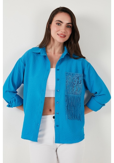 Lela Regular Fit Güpürlü Cep Detaylı Uzun Kollu Bayan Gömlek 6773215 Mavi