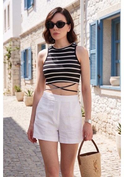 Lela Çizgili Slim Fit Bağlama Detaylı Bayan Crop 5865715 Siyah-Beyaz