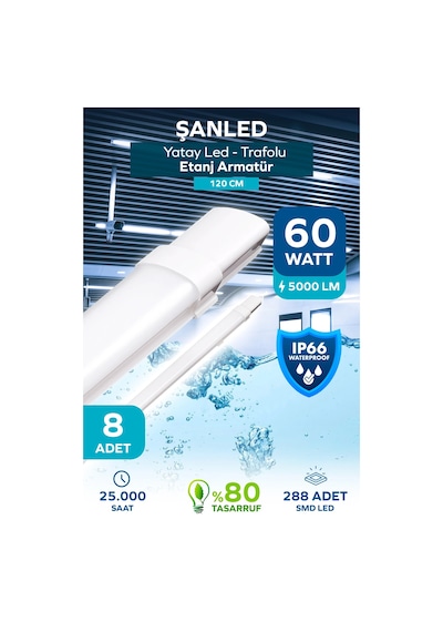 60w 120 Cm Yatay Led Etanj Armatür-trafolu Beyaz Işık 8 Adet Beyaz