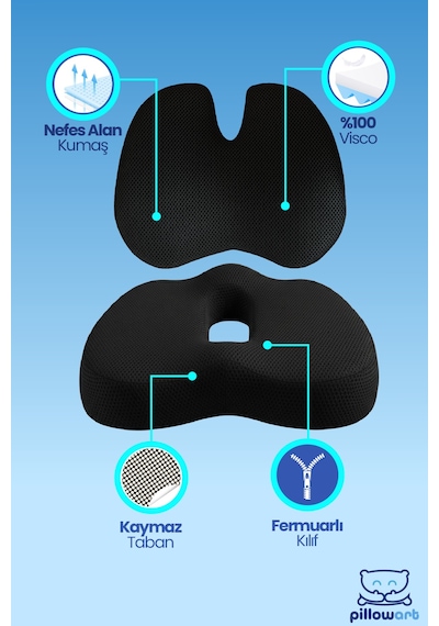 Kelebek Form Sırt Bel Yastığı Ve Oturma Minderi Visco Ergonomik Koltuk Destek Seti 2 Li Siyah