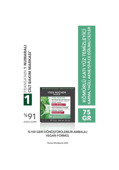 Yves Rocher Kömürlü Katı Yüz Temizleyici - Karma/yağlı/akneli Cilt - Pure Menthe Arındırıcı Botanik Kompleks75gr