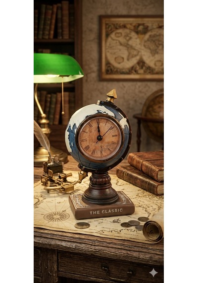 Nostaljik Ofis Ve Ev Dekoru Masa Saati Biblosu The Classic Dünya Küresi Antika Biblo Saat 19 Cm-m Gold