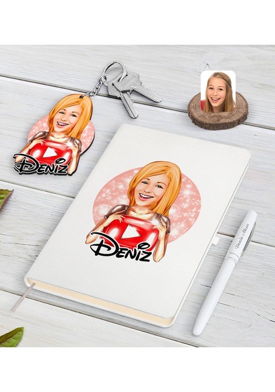 Kişiye Özel Kadın Youtuber Karikatürlü Beyaz Defter Kalem Ve Anah N11.11240