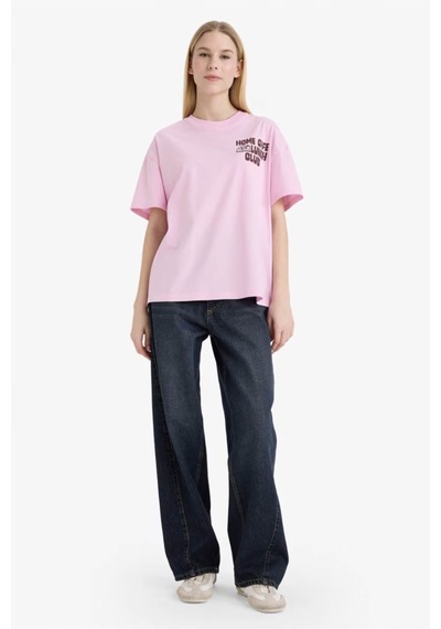 Defacto Oversıze Sırt Baskılı Pembe Kadın T-shirt G2510ax/pn606 Pembe