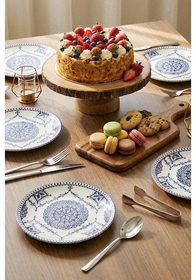 Grandora Mavi Beyaz Çini Desenli 6'lı Pasta Tabağı Seti 20 Cm - Pasta Ve Tatlı Tabak Vintage Sunum Tabağı Lacivert-beyaz