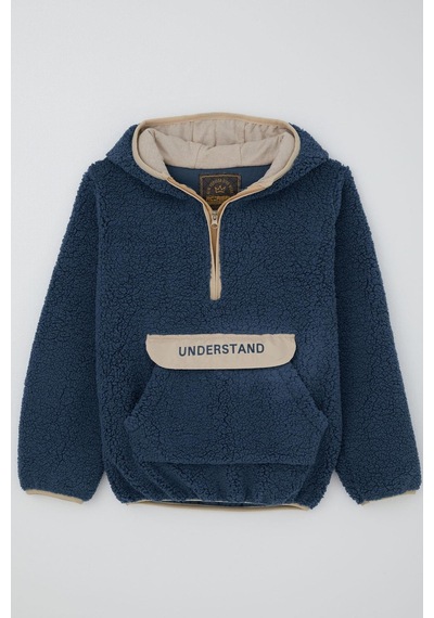 Reycan Erkek Çocuk Peluş Sweatshirt Kapüşonlu Kanguru Cepli 5-8 Yaş, İndigo Indigo