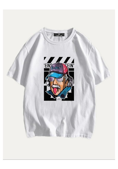 Flood Of Style Unisex Beyaz Einstein Baskılı Oversize Tişört