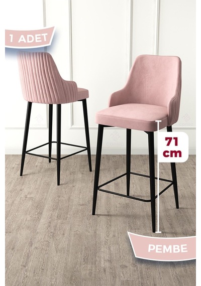Canisa Enox Serisi, 1 Adet Pembe Sandalye Yemek Odası Bar Sandalyesi, Babyface Kumaş, Siyah Metal Ayak , Sandalye Pembe Ayaklar Siyah
