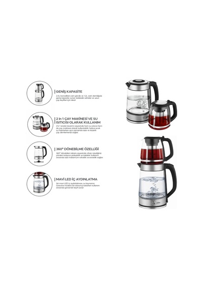 2'si 1 Arada Elektrikli Çay Makinesi Ve Kettle 2l+1.2l Çelik