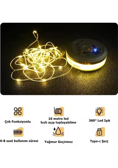 Şarjlı Type-c 8 Mod Rgb+ Günışığı Renk 10 Metre Makara Led - İp Led - Su Geçirmez Lamba - Powerbank Karışık