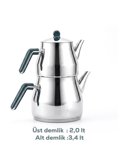 Porsima 1026-2 Prizma Bakalit Metal Kulp Mega Boy Paslanmaz Çelik Çaydanlık Takımı Yeşil - 2-3,40lt