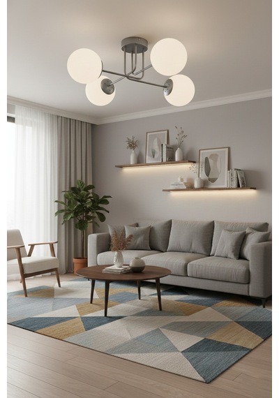 Safir Modern Tasarım Salon Yatak Odası Mutfak Gri Renk Beyaz Camlı 4 Lü Avize Gri Beyaz Gri Beyaz