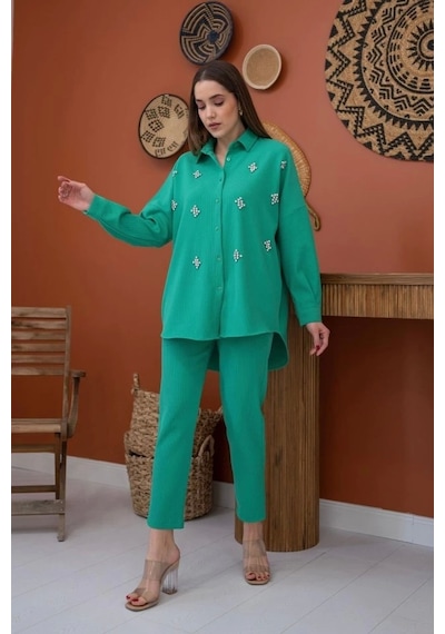 Defymoda Yeşil Gömleği Taşlı Fitilli Takım Yeşil