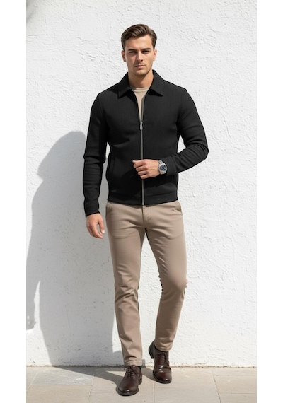 Plus Scorpion Slim Fit Fitilli Dokulu Erkek Fermuarlı Mont Ceket Günlük Şık Kombin Siyah