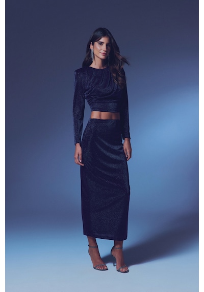Sateen Vatkalı Simli Bluz - Lacivert-135323 Lacivert