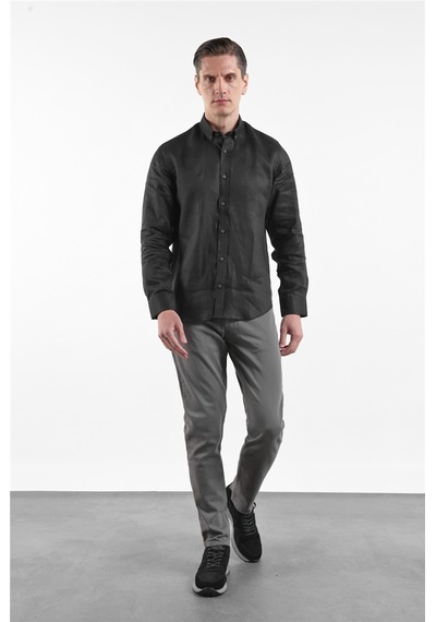 İmza Siyah Keten Düğmeli Yaka Uzun Kol Cepsiz Slim Fit Keten Gömlek 1004260161 XL