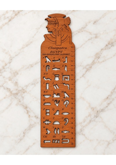 Antik Mısır Hiyeroglif Harf Oymalı Cetvel Kitap Ayracı - Parlak Doğal Ahşap Key Of Life Açık Kahverengi