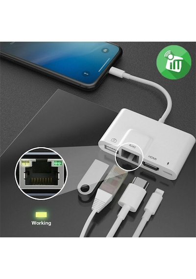 Ally Apple Uyumlu iPhone 3In1 Lightning Hdmı Rj45 Otg Digital Av Adaptör Hub