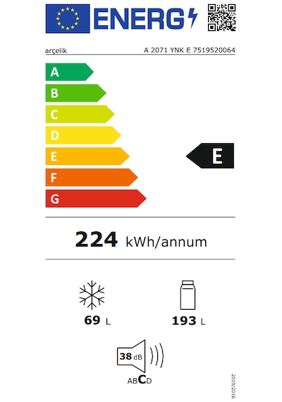 Arçelik  A 2071 YNK E 262 L Ankastre Buzdolabı